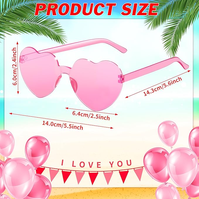 2/4/8/12/20 Pairs Heart Shaped Sunglasses Transparent Heart Glasses Rimless Trendy Eyewear for Valentines Party Favor