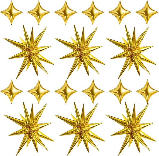 TONIFUL 18Pcs 22Inch Gold Large Explosion Star Mylar Balloons and 10Inch Four Pointed Star Balloons Set for Christmas New Year Birthday Wedding Bridal Shower Anniversary Photo Booth Supplies