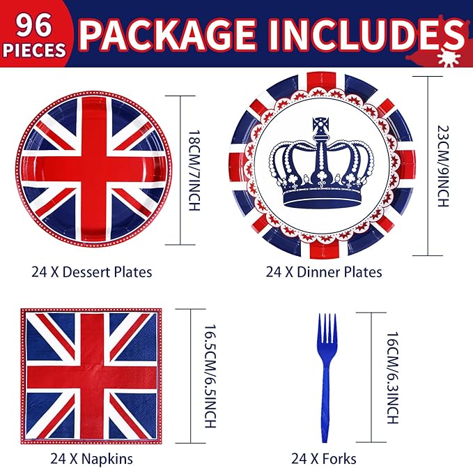 96 Pcs British Flag Birthday Party Supplies Britain UK England Flag Party Plates and Napkins Disposable Union Jack Tableware Set for UK Flag British Party Decorations Birthday Family Gathering Serve24
