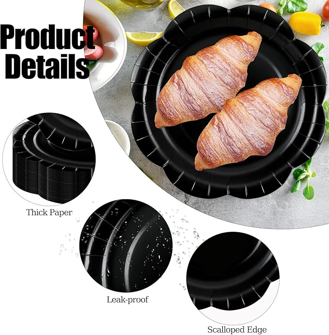 50 Pack Black Paper Plates 7 Inch, Disposable Scalloped Plates Cake Dessert Plate for Dinner Baby Shower Wedding Bridal Shower Birthday Party Supplies (Black, 7 inch)