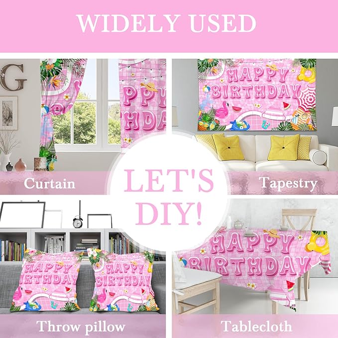 Mocsicka Pool Happy Birthday Backdrop Summer Swimming Pool Birthday Party Decorations Banner Hawaiian Beach Pink Party Supplies Photo Booth Props (Pink, 10x8ft(120"x96"))