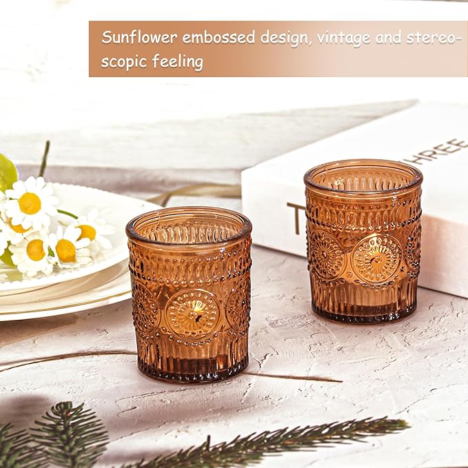 12 Pcs Amber Glass Votive Candle Holders, Tealight Candle Holders for Table Centerpieces, Vintage Candle Holder Bulk, Boho Wedding, Home, Bridal Shower, Birthday Party Table Decor (Amber)