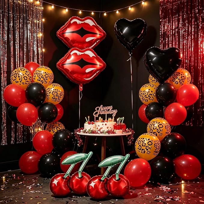 26Pcs Leopard Theme Balloon Kit, Red Black Balloon Set with Leopard Print Balloons, Red Lip Cherry Balloons, Heart Balloons for Birthday Party, Cheetah Balloon Bachelorette Decorations