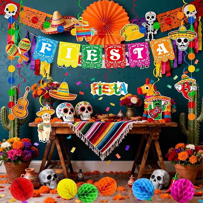 Fiesta Party Decorations Mexican Fiesta Banner Garland Hanging Swirls Honeycomb Balls Set for Cinco De Mayo Taco Mexican Theme Birthday Party Decor
