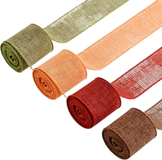 Meseey 1.5 Inch Fall Burlap Wired Ribbon Set, 4 Rolls Total 20 Yards Sage Green/Orange/Burgundy/Brown Solid Wired Edge Ribbons for Big Bows, Wreaths, Thanksgiving & Halloween Decor(FPR019)