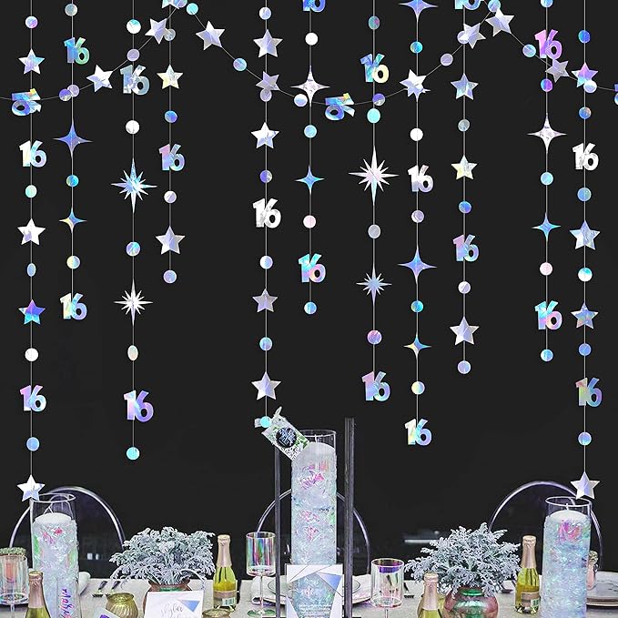 Iridescent Number 16 Circle Dot Twinkle Star Garland Kit Metallic Hanging Streamer Bunting Banner Backdrop Decorations for Girls 16th Birthday Sweet Sixteen Wedding Anniversary Bridal Shower Party