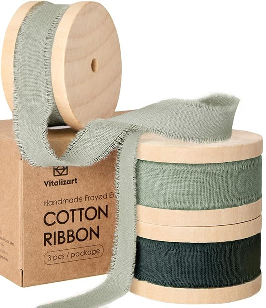 Vitalizart Green Cotton Ribbon Handmade Fringe 5/8" x 21 Yd Sage Pure Natural Cotton Ribbons for Gift Wrapping Wedding Invites Bridal Shower Bouquets Holiday Decor