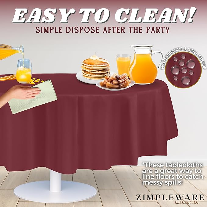 ZIMPLEWARE Premium Burgundy Plastic Table Cloth Disposable (12 Pack) Round Tablecloth (84in) Party Table Cloths Disposable, Perfect Table Cloth Round Cover for Any Table Up to 6 Feet