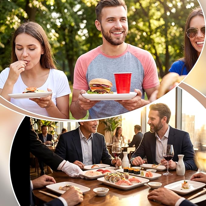Irenare 8 Pcs 9 Inch Rectangular Salad Plates White Rectangular Porcelain Dessert Plates Appetizer Serving Tray Porcelain Platters for Fruit Sushi Dinner Parties, Microwave, Oven Safe