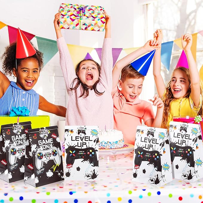 Geosar 30 Pack Video Game Party Favor Paper Bags Game on Goodie Candy Gift Bags with 30 Stickers Level up Reusable Goodie Treat Snacks Supplies for Boys Kids Gaming Birthday Party(White, Black)