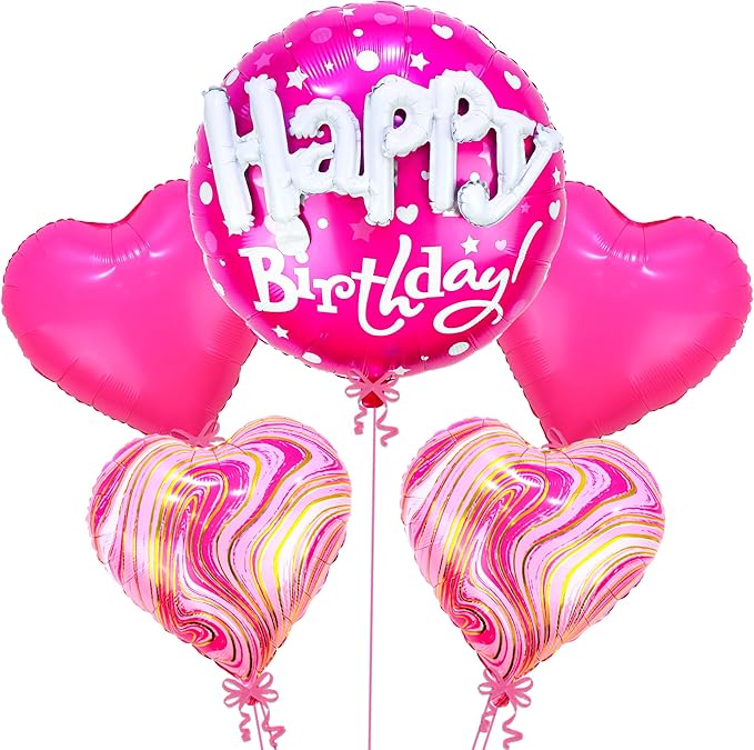 KatchOn, Huge Happy Birthday Balloon Pink Set - 23 Inch, Pack of 5 | Hot Pink Heart Balloons For Happy Birthday Decorations | Foil Balloons For Princess Party Decorations