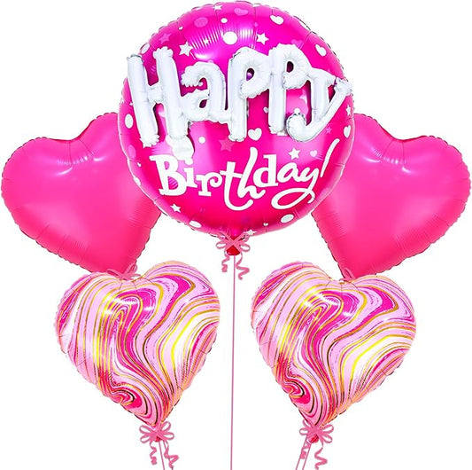KatchOn, Huge Happy Birthday Balloon Pink Set - 23 Inch, Pack of 5 | Hot Pink Heart Balloons For Happy Birthday Decorations | Foil Balloons For Princess Party Decorations