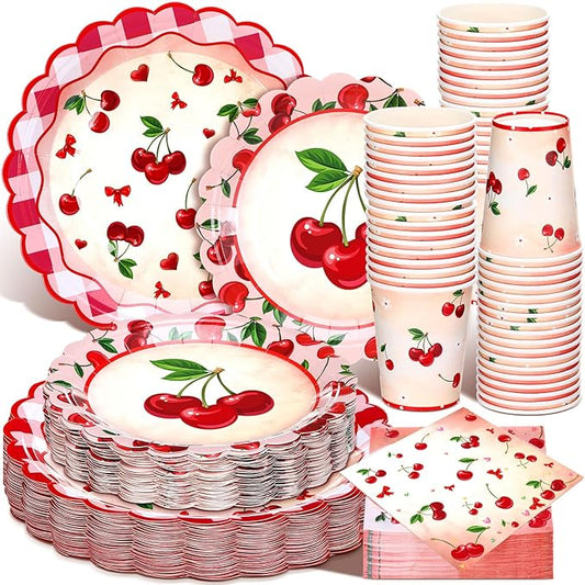 Domensi 250 Pcs Baby Shower Decorations for Girls Cherry Bridal Shower Party Supplies Paper Plates Napkins Cups Tableware Set for 50 Guests She's the Cherry on Top Birthday Party Supplies for Wedding
