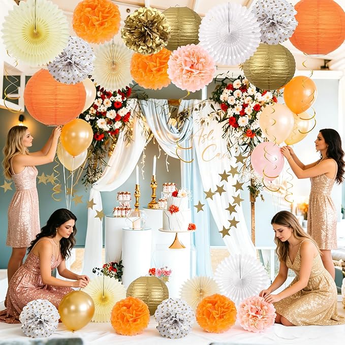 20Pcs Birthday Decorations Paper Fans Lanterns,Fall Party Decorations Pom Poms Flowers,Orange Champagne Gold Bohemian Style Party Decoration for Autumn Girls Women Baby Shower Wedding Thanksgiving