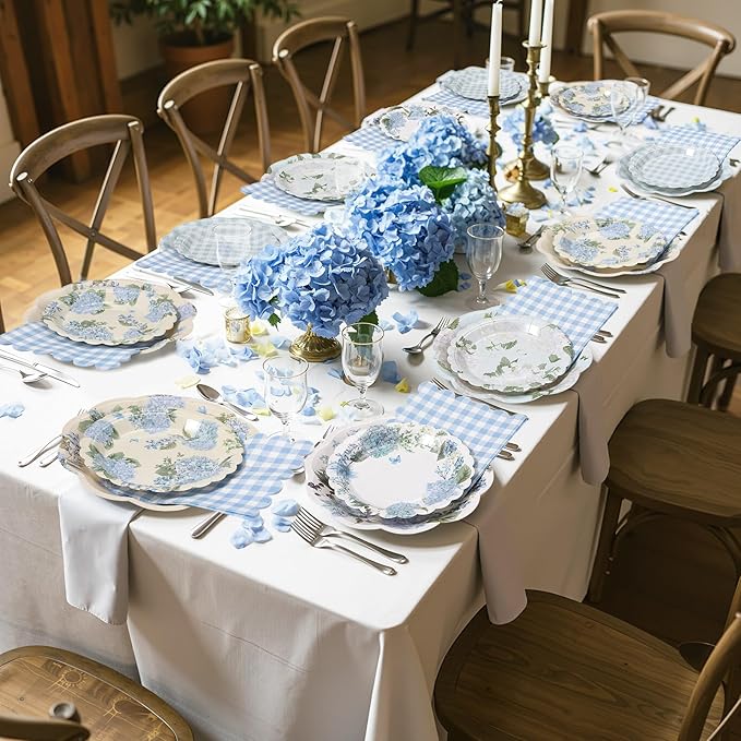 144 Pcs 48 Guests Hydrangea Party Plates and Napkins Blue White Hydrangea Paper Plates Napkins Flower Floral Checkered Disposable Tableware for Vintage Baby Shower Wedding Tea Party Supplies