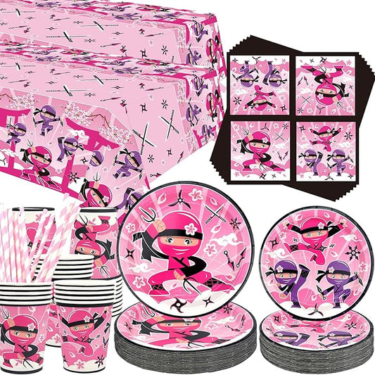 Ninja Girl Party Supplies - Party Tableware - Dinner Plates Dessert Plates Cups Napkins Tablecover Straws for Ninja Master Girls Princess Baby Shower, Serves 40 (40)