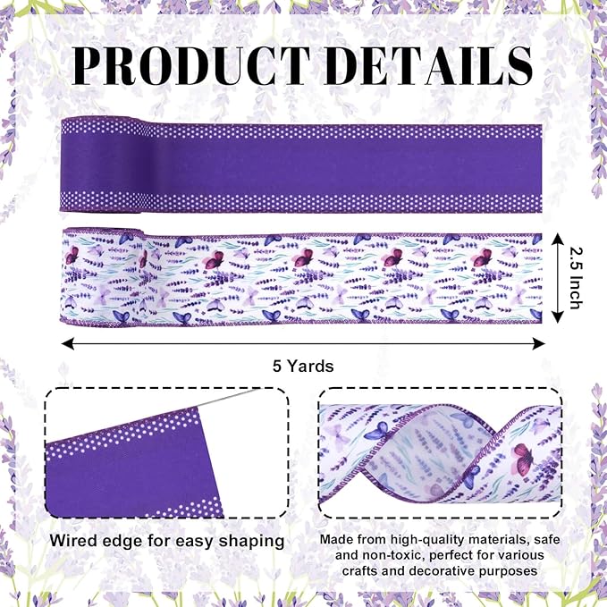 YKW 2 Rolls Purple Wired Ribbon 2.5 Inch x 5 Yards Each - Lavender Butterfly Burlap Ribbon Set for Wreaths, Spring Decor, Gift Wrapping, Bows, Crafts, Party & Wedding Decoration
