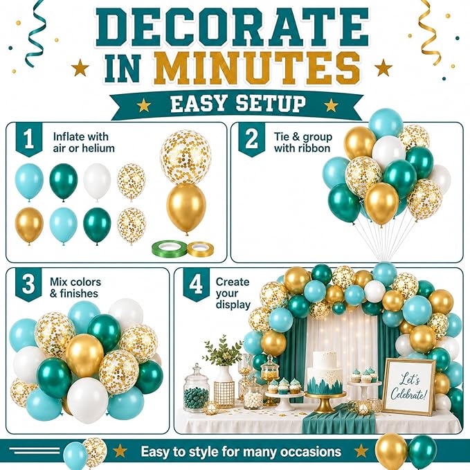 Teal and Gold Balloons, 60PCS Gold Turquoise Balloons Set, 12 Inch Metallic Green Gold Confetti Balloon Teal Blue White Latex Balloon for Wedding Birthday Baby Shower Summer Party Decor