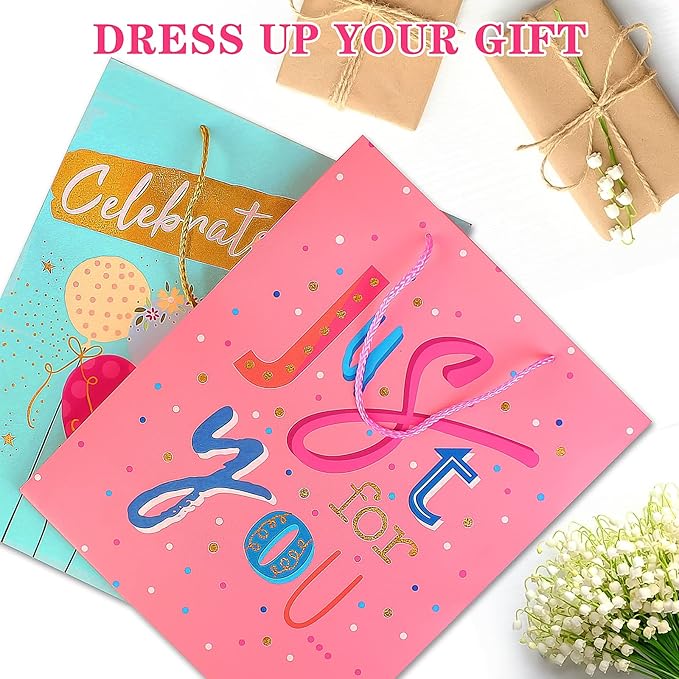 Large Gift Bag Set with Tissue Paper, Big Teal Pink Birthday Gift Bags for Women Girls Her with Handles,Pretty Assorted Birthday Gift Wrap Bags for Present Bag Party Gift Bag Gift Paper Bag for Anniversary Wedding Celebration