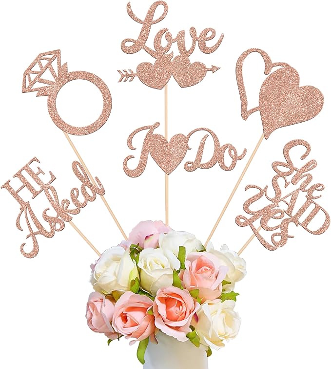 12 Pack He Asked She Said Yes Centerpiece Sticks Love Heart I do Ring Table Centerpiece Sticks for Wedding Engagement Bridal Theme Party Supplies Gold (rose gold)