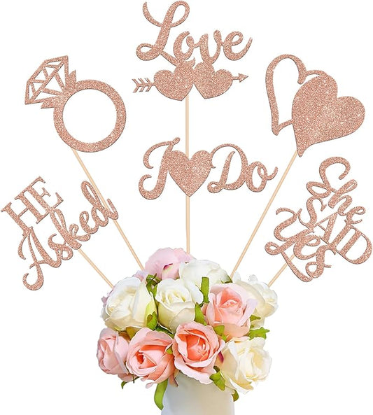 12 Pack He Asked She Said Yes Centerpiece Sticks Love Heart I do Ring Table Centerpiece Sticks for Wedding Engagement Bridal Theme Party Supplies Gold (rose gold)