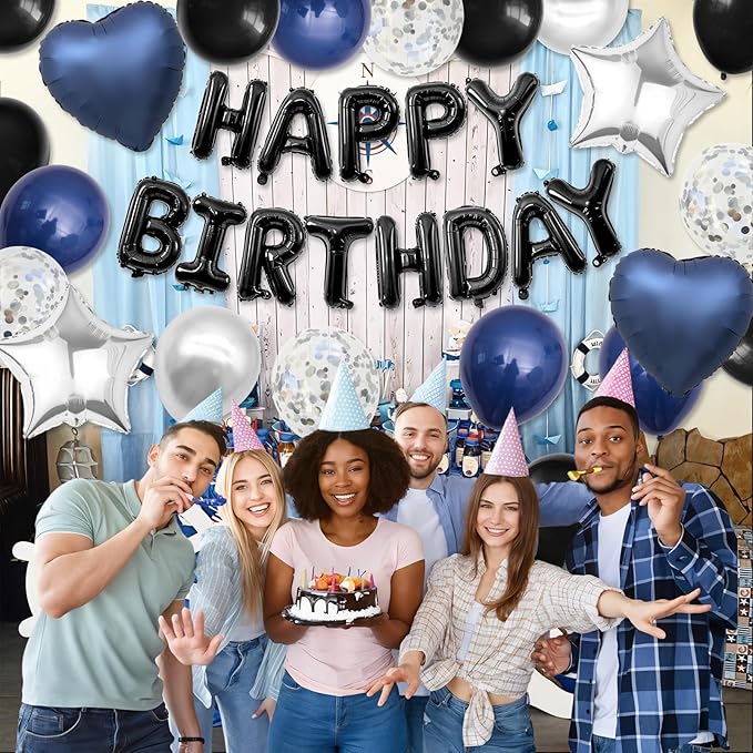 Navy Blue and Black Birthday Decorations for Men,Blue Black White Balloons Happy Birthdays Balloon Banner Silver Confetti Balloons for Men Boy Girls Women Adults Birthday Party Decorations