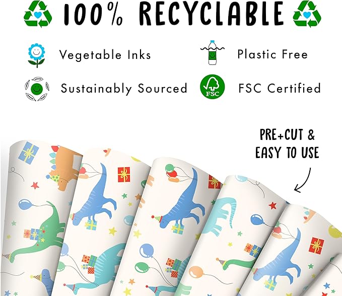 CENTRAL 23 Dinosaur Wrapping Paper Birthday Boy - 6 Sheets Dino Gift Wrap For Children - Dino Birthday Party - Kids Wrapping Paper - Comes With Stickers