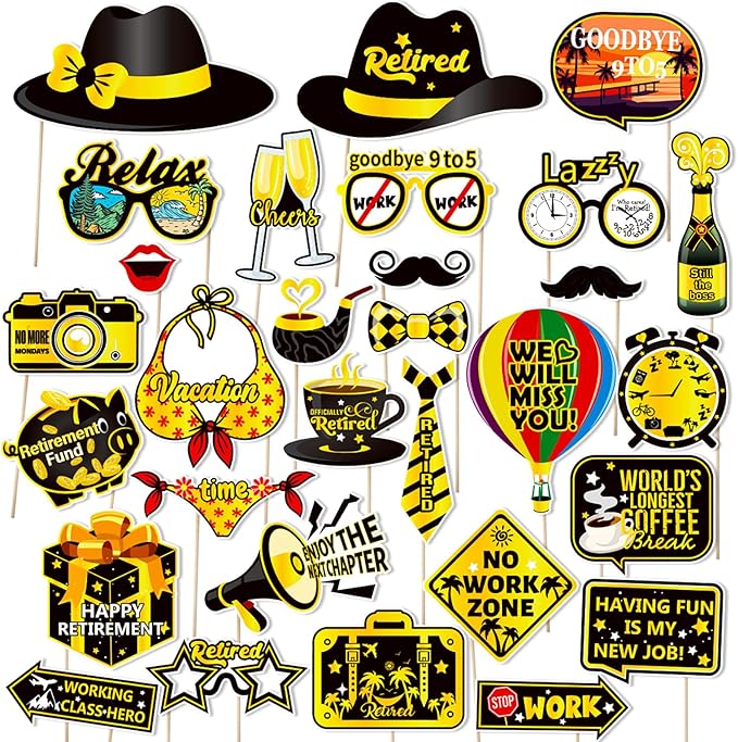 30 Pieces Retirement Photo Booth Props Happy Retirement Party Decorations Retirement Party Favors for Men Women Photobooth Kits with Sign for Party Decor Supplies (Dark Black&Yellow)
