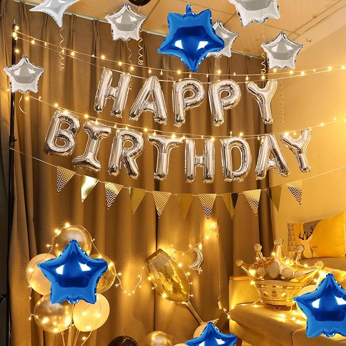 CANREVEL Happy Birthday Banner 13pcs 16 Inch Mylar Foil Letters with 12pcs Star Balloons Birthday Party Decorations for Kids and Adults - 3D Silver Blue