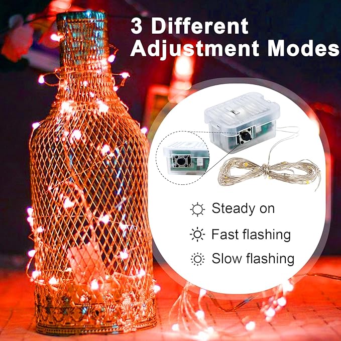 pozzolanas 8 Pack Orange Fairy Lights Battery Operated 3 Modes 7FT 20 LED Waterproof String Lights Twinkle Silver Wire for Mason Jars Wedding Christmas Halloween Party Decor (8, Orange)