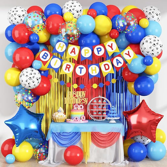 Birthday Decorations for Boys, Dog Party Decorations Red Yellow Light Blue Star Foil Balloons Happy Birthday Banner Fringe Curtain Backdrop for Kids Boy Carnival Cartoon Theme Party Supplies
