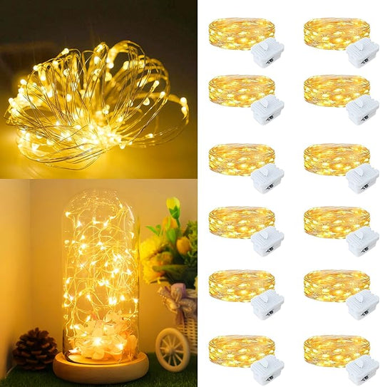 12Pack Fairy Lights Battery Operated, 7ft 20 LED 3 Modes Speed Twinkle Mini String Lights Waterproof Silver Wire Firefly Starry Lights for Mason Jars Wedding Party Christmas Decorations