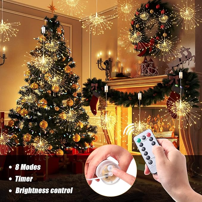 Tuanse 8 Pack Starburst Lights, LED Firework Fairy Lights Outdoor Hanging Battery Operated with Remote Control 120 LED 8 Modes for Garden Christmas Party Decor
