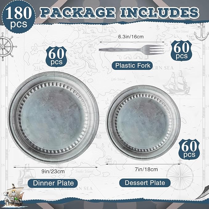 Jingmore 180 Pcs Medieval Party Supplies Disposable Pewter Paper Plates and Forks Tableware Set for Pirate Knight Castle Halloween Decorations Dinner Silver Grey 9" and 7'' Serves 60（Retro Style）