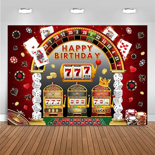 Mocsicka Casino Birthday Backdrop Las Vegas Theme Casino Night Happy Birthday Party Banner Decorations Dice Poker Birthday Photography Background Photo Booth Prop (Black/Red, 10x8ft(120''x96''))