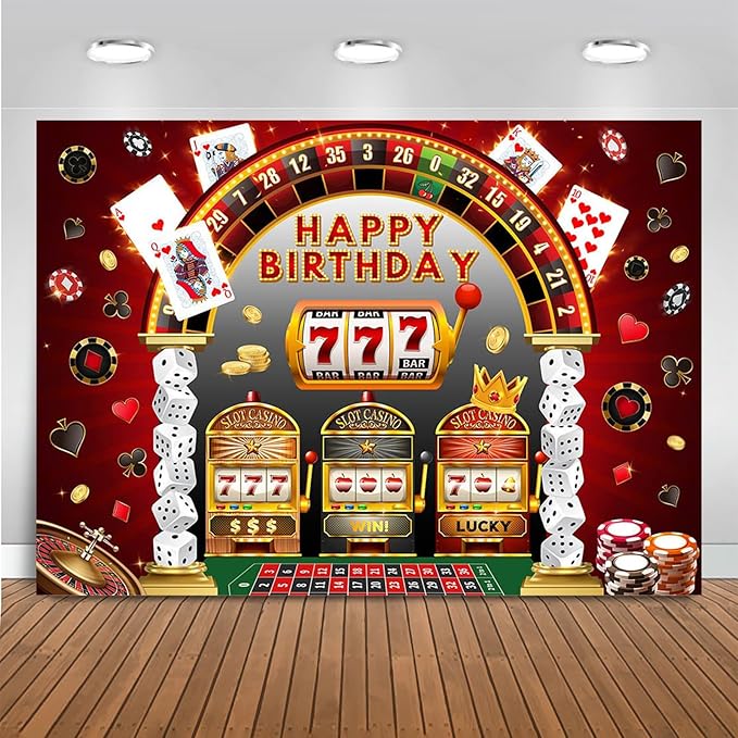 Mocsicka Casino Birthday Backdrop Las Vegas Theme Casino Night Happy Birthday Party Banner Decorations Dice Poker Birthday Photography Background Photo Booth Prop (Black/Red, 6x4ft(72''x48''))