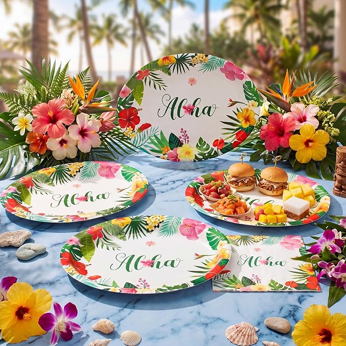 Pajean 350 Pcs Hawaiian Party Decorations 12 in Disposable Oval Tropical Luau Plates and Napkins Palm Leaf Aloha Heavy Duty Paper Tableware Set for 50 Guests Summer Pool and Beach Party Supplies