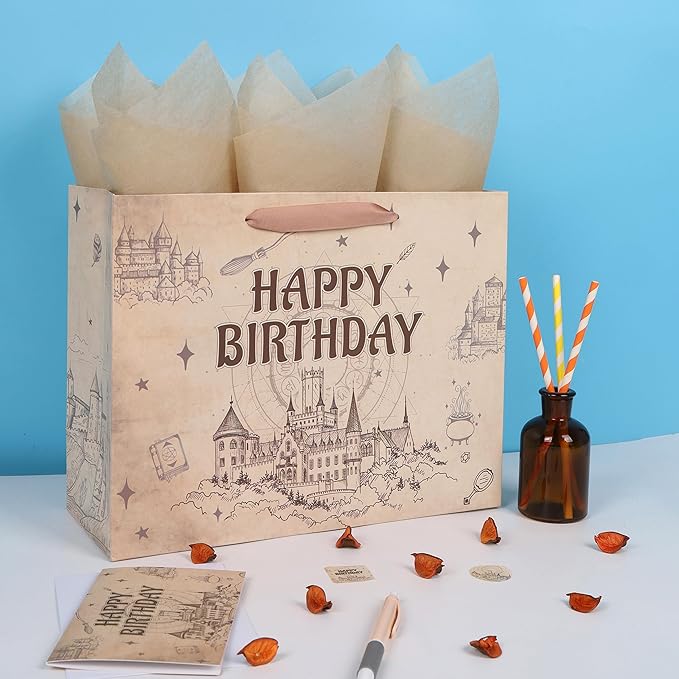 Qirrmiy 13” Large Magical Birthday Gift Bag Set with Handles, Greeting Card, Tissue Papers and Stickers for Boys Girls Teens for Baby, Kids‘ Birthday Party, 1 Pcs
