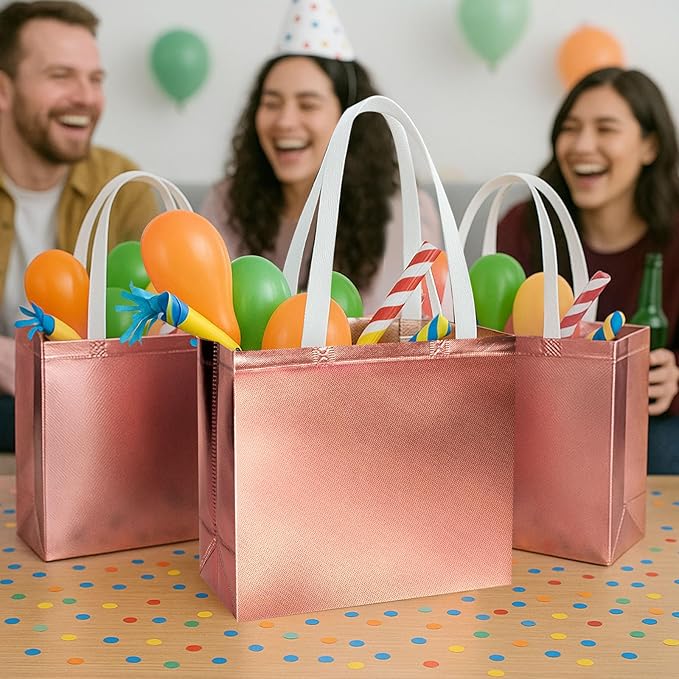 VGOODALL 15 Pack Gift Bags with Handles, 12.6" x 5" x 11" Rose Gold Reusable Gift Bags Bulk for Birthday Wedding Party Favor Goodie