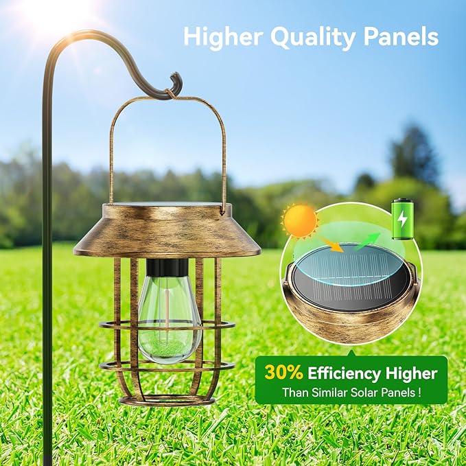 Ahaorigin Solar Lanterns Outdoor Waterproof, High Brightness Hanging Solar Lights for Outside with Wall Hooks, Retro Metal Outdoor Lanterns Auto On/Off for Porch, Patio, Yard Decor 4 Pack