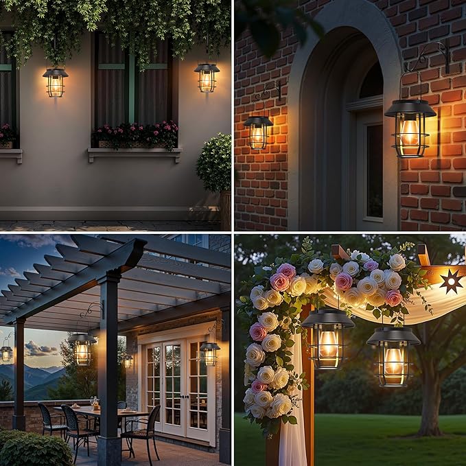 Solar Lanterns Outdoor Waterproof, High Brightness Hanging Solar Lights for Outside with Wall Hooks, Christmas Decor Retro Metal Outdoor Lanterns Auto On/Off for Patio, Yard Decor, Black,2Pack