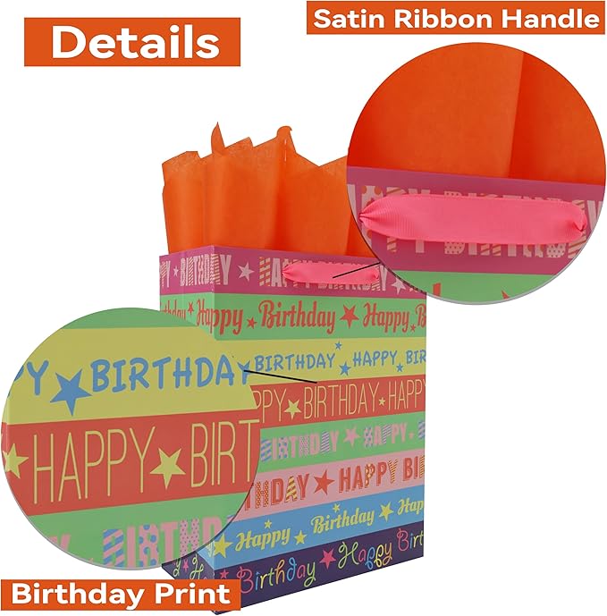 Qirrmiy 13'' Large Happy Birthday Gift Bag Set with Handles, Greeting Card, Tissue Papers and Stickers for Girls Women Kids Teens Boys Men, Words Design, 1 Pcs