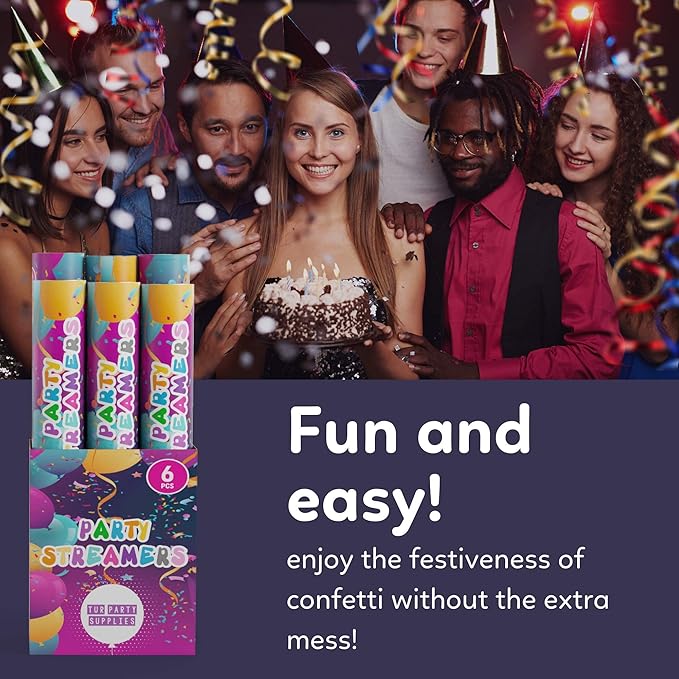No Mess Streamer Confetti Cannon Party Poppers | 6 Pack | Multicolor Streamers | Glitter Bomb Confetti Shooters | Decoration for Birthday, Wedding | Launches 25 ft | 12 inch | TUR Party Supplies