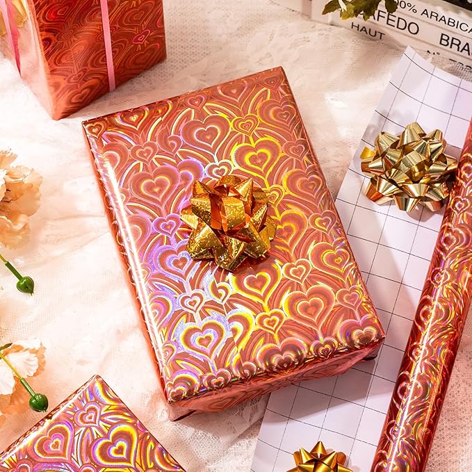 Burymento Rose Gold Wrapping Paper Roll, Metallic Holographic Heart Gift Wrap for Birthday, Valentines, Mothers day, Graduation, Wedding, Fathers day, Baby Shower, Christmas (17 IN x 32.8 FT)