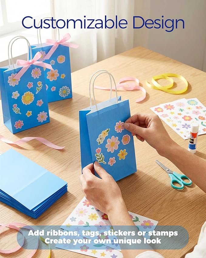SUNCOLOR 24-Pack Blue Gift Bags with Handles, 8 Inch Goodie Bags for Party Favors, Baby Showers, Birthdays