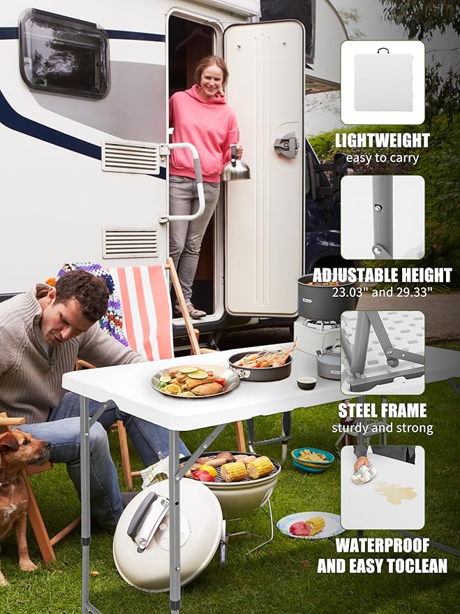 Folding Camping Table 4 Foot Adjustable Height 350lbs, 4FT Folding Picnic Card Table for Outdoor, Plastic Rectangular Dining Work Tables for Indoor, Heavy Duty Fold-in-Half Tray Tables