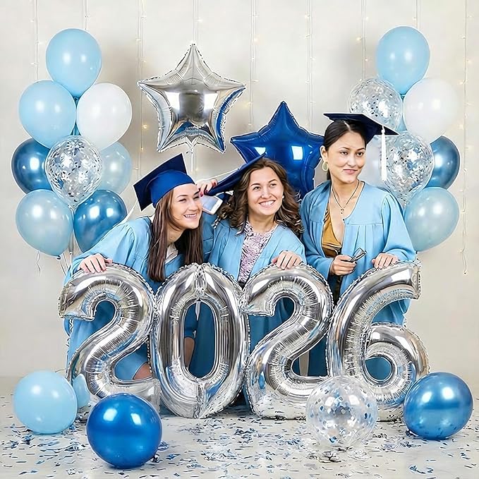 2026 Blue Silver Graduation Decorations Balloons Kit - 40 Inch Silver 2026 Number Balloons, Graduation Party Supplies 2026 for High School College Graduation, Class of 2026 Grad Decor