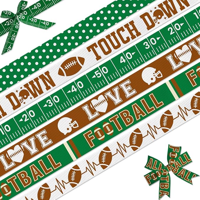 Football Ribbon for Crafts, 6 Pack (5/8 Inch x 3 Yards Each), Grosgrain Sports Theme Ribbons, Touchdown Field Love Design, for Hair Bow, Team Party Decorative, DIY Game Day Gift Wrapping