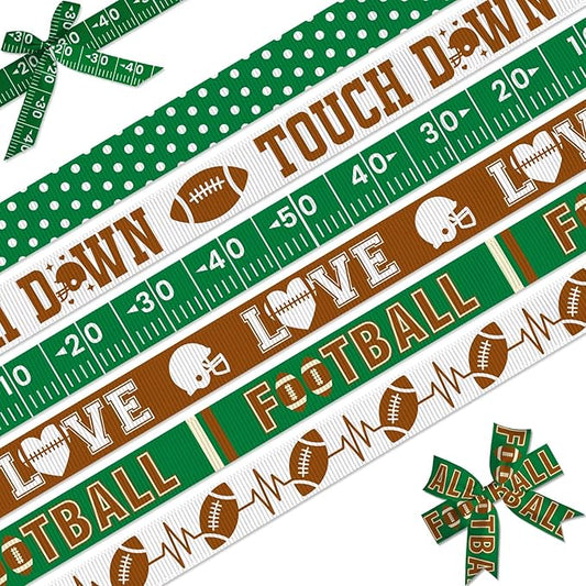 Football Ribbon for Crafts, 6 Pack (5/8 Inch x 3 Yards Each), Grosgrain Sports Theme Ribbons, Touchdown Field Love Design, for Hair Bow, Team Party Decorative, DIY Game Day Gift Wrapping
