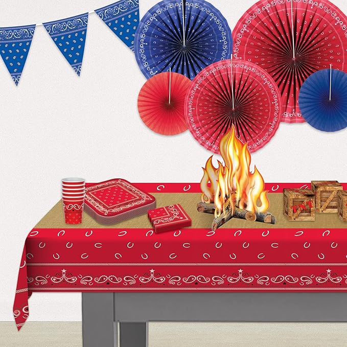 Beistle Red Bandana Tablecover, 54” x 108” – Plastic Table Cloth, Farm Theme Tablecloth, Cowboy Theme Party Decorations, Western Decorations, Bandana Tablecloth, Rectangular Tablecloth (Pack of 3)
